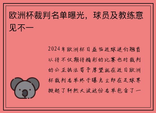 欧洲杯裁判名单曝光，球员及教练意见不一