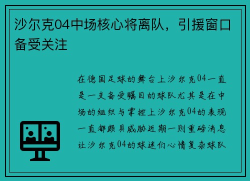沙尔克04中场核心将离队，引援窗口备受关注