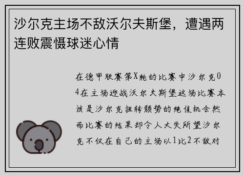 沙尔克主场不敌沃尔夫斯堡，遭遇两连败震慑球迷心情